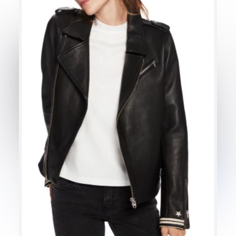 Scotch & Soda Embellished-Cuff Leather Biker Women's Black Leather Jacket